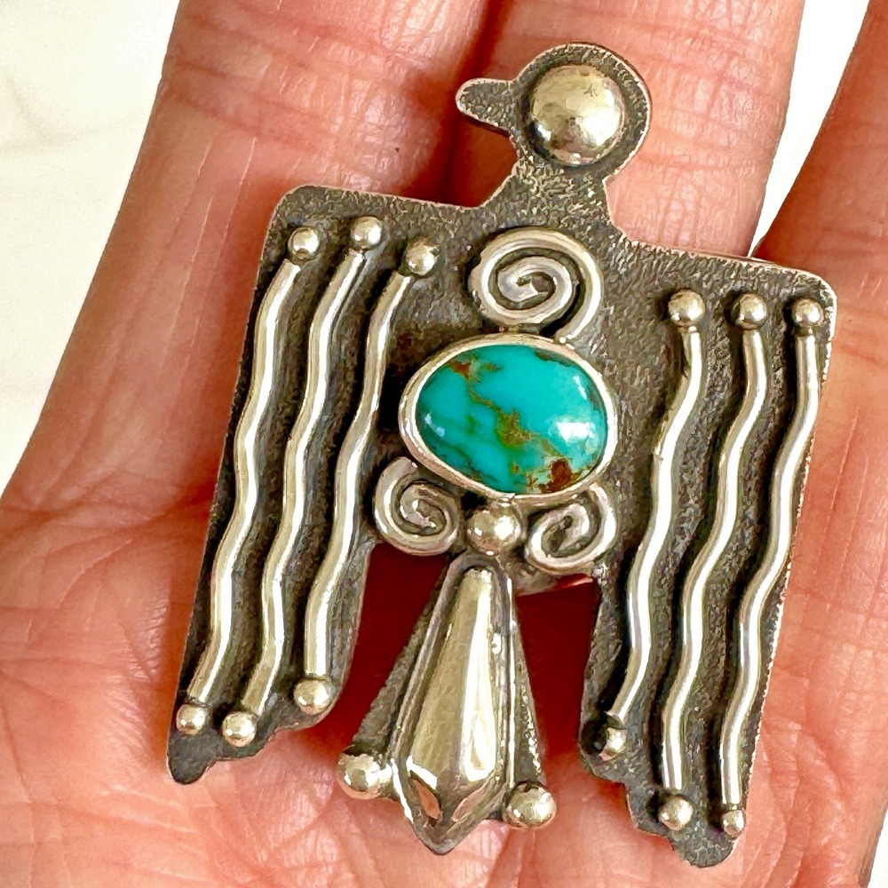 Navajo Thunderbird Ring Sonoran Turquoise Sz 6 Sterling Signed Mariano Adjustabl